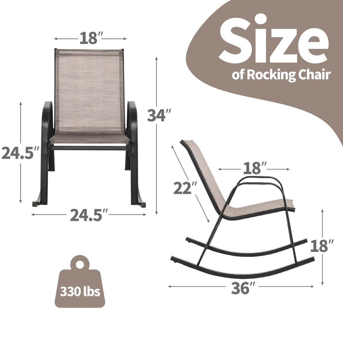 Set of 2 Heavy-Duty Metal Patio Rocking Chair with Breathable Seat Fabric-Brown view 4