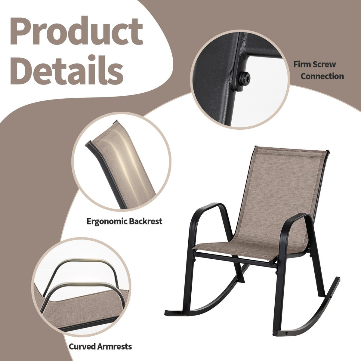 Set of 2 Heavy-Duty Metal Patio Rocking Chair with Breathable Seat Fabric-Brown view 9