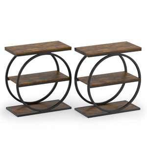 Set of 2 Industrial Faux Marble Side Table with Metal Frame for Small Spaces-Rustic Brown
