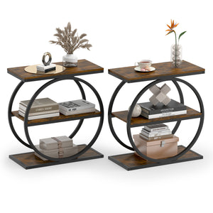 Set of 2 Industrial Faux Marble Side Table with Metal Frame for Small Spaces-Rustic Brown view 3