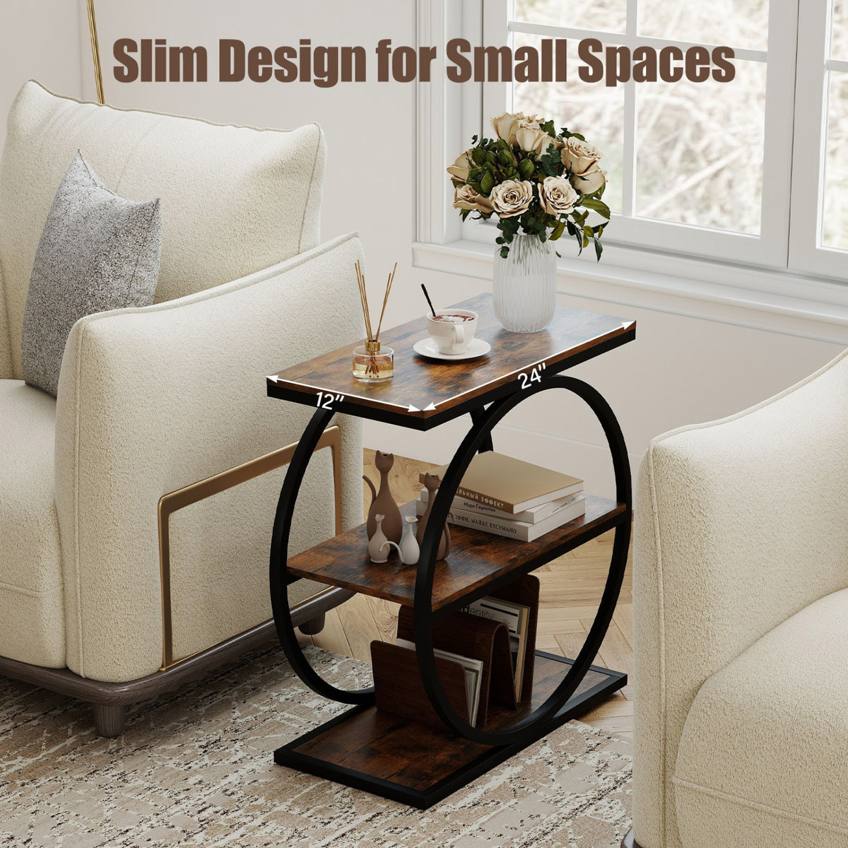 Set of 2 Industrial Faux Marble Side Table with Metal Frame for Small Spaces-Rustic Brown view 8