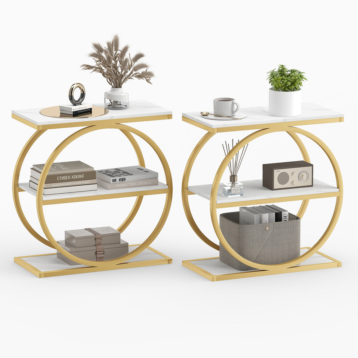 Set of 2 Industrial Faux Marble Side Table with Metal Frame for Small Spaces-White view 3