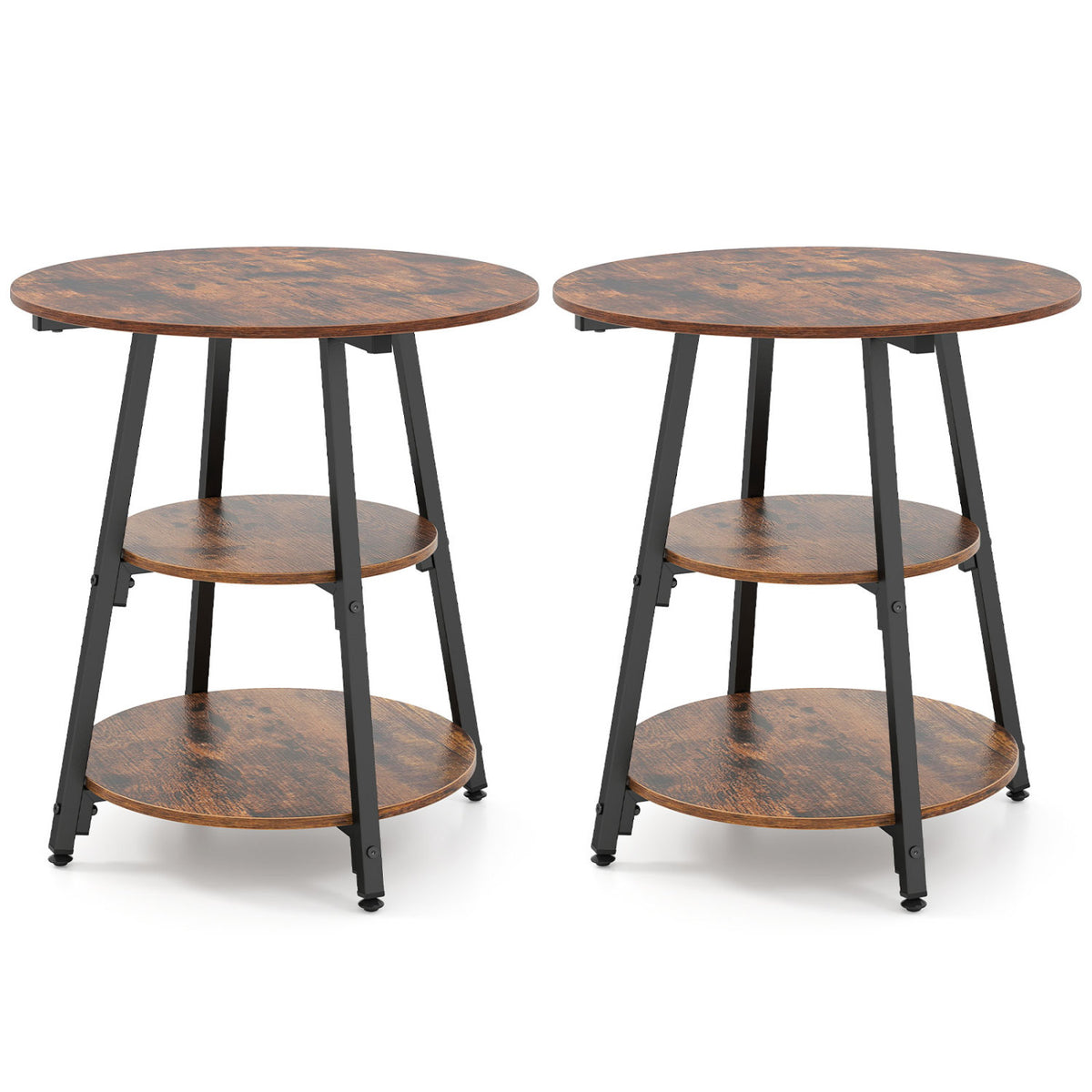 Set of 2 Industrial Side Tables with 3-Tier Shelves & Metal Frame for Small Space-Rustic Brown view 3