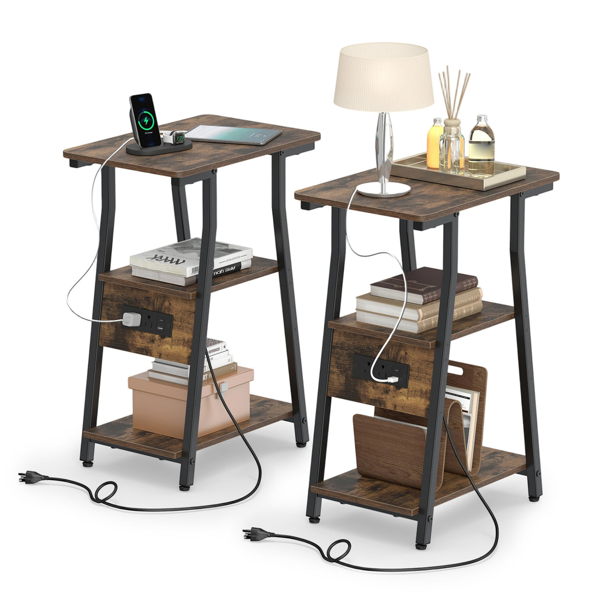 Set of 2 Industrial Side Tables with Charging Station & 3-Tier Shelves for Small Space-Rustic Brown view 3