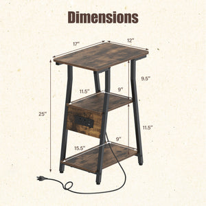 Set of 2 Industrial Side Tables with Charging Station & 3-Tier Shelves for Small Space-Rustic Brown view 4