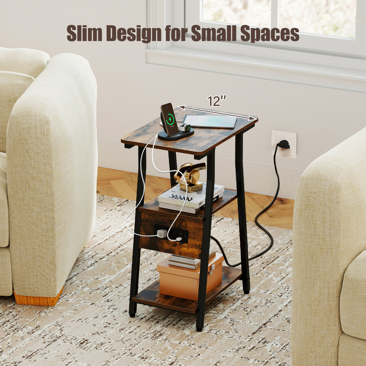 Set of 2 Industrial Side Tables with Charging Station & 3-Tier Shelves for Small Space-Rustic Brown view 5