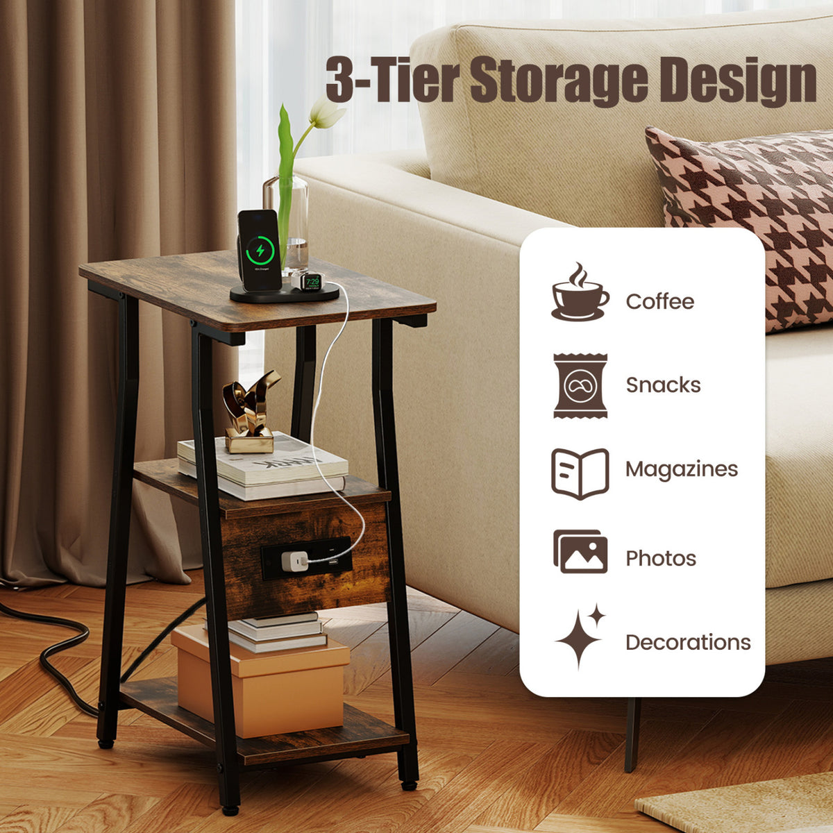 Set of 2 Industrial Side Tables with Charging Station & 3-Tier Shelves for Small Space-Rustic Brown view 6