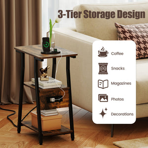 Set of 2 Industrial Side Tables with Charging Station & 3-Tier Shelves for Small Space-Rustic Brown view 6