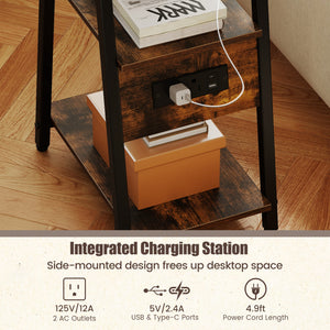 Set of 2 Industrial Side Tables with Charging Station & 3-Tier Shelves for Small Space-Rustic Brown view 7