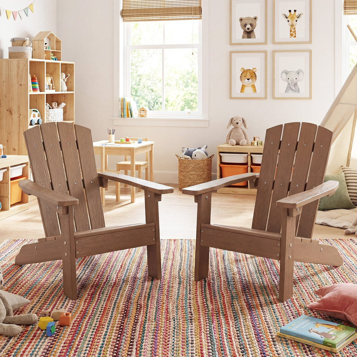 Set of 2 Kid's Adirondack Chair with with High Backrest and Armrests-Brown view 2