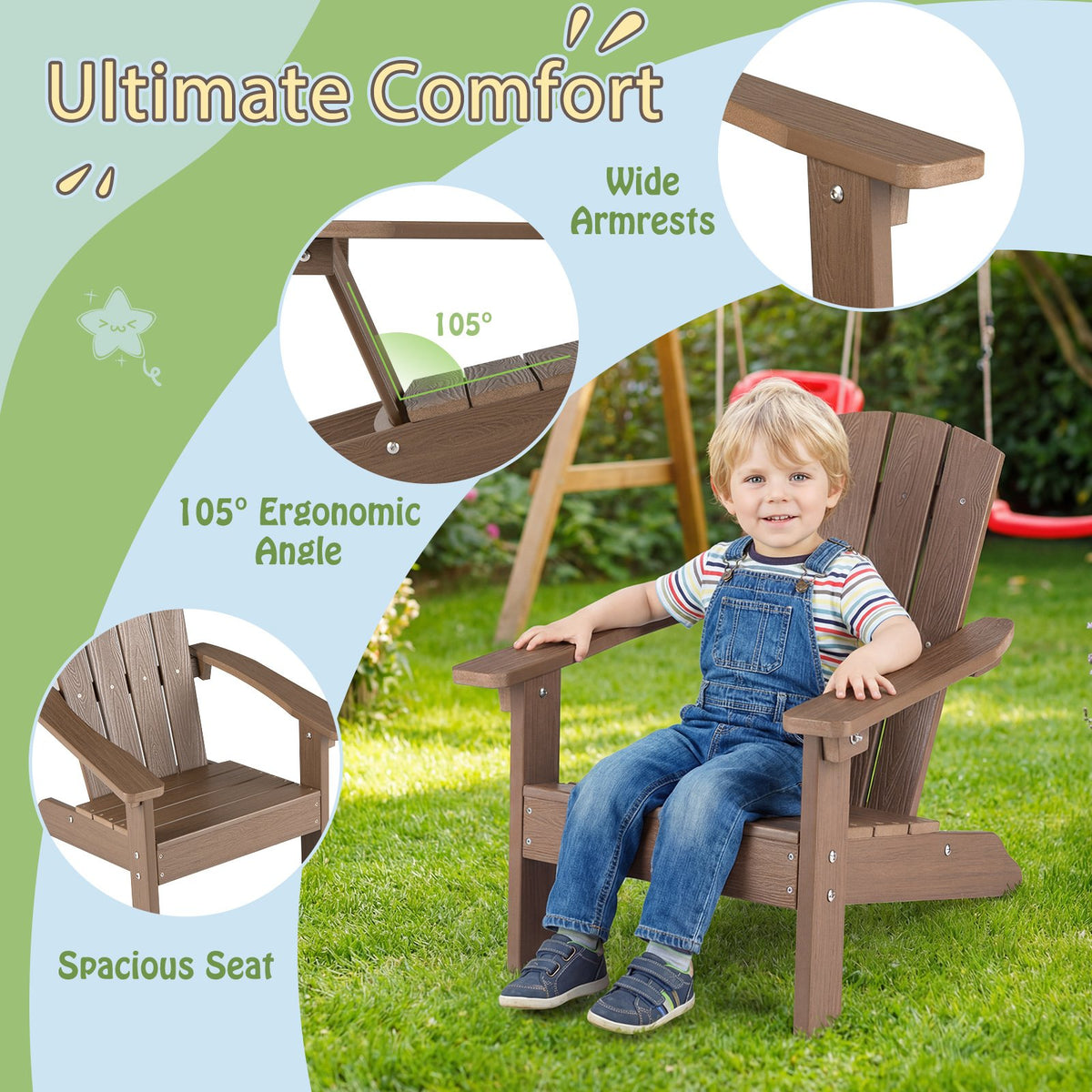 Set of 2 Kid's Adirondack Chair with with High Backrest and Armrests-Brown view 7