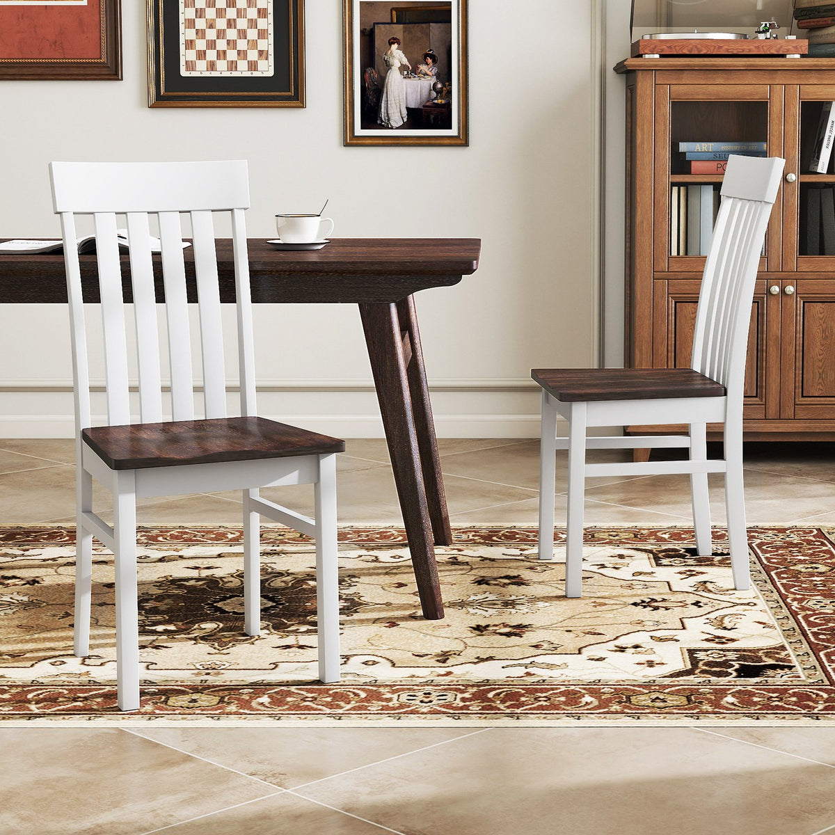 Set of 2 Kitchen Armless Dining Chairs with Slatted High Backrests-White view 2