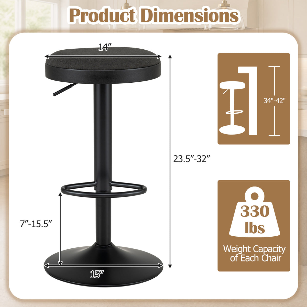 Set of 2 Kitchen Bar Stools with Height Adjustment Padded Seat and D-Shaped Footrest-Black view 3