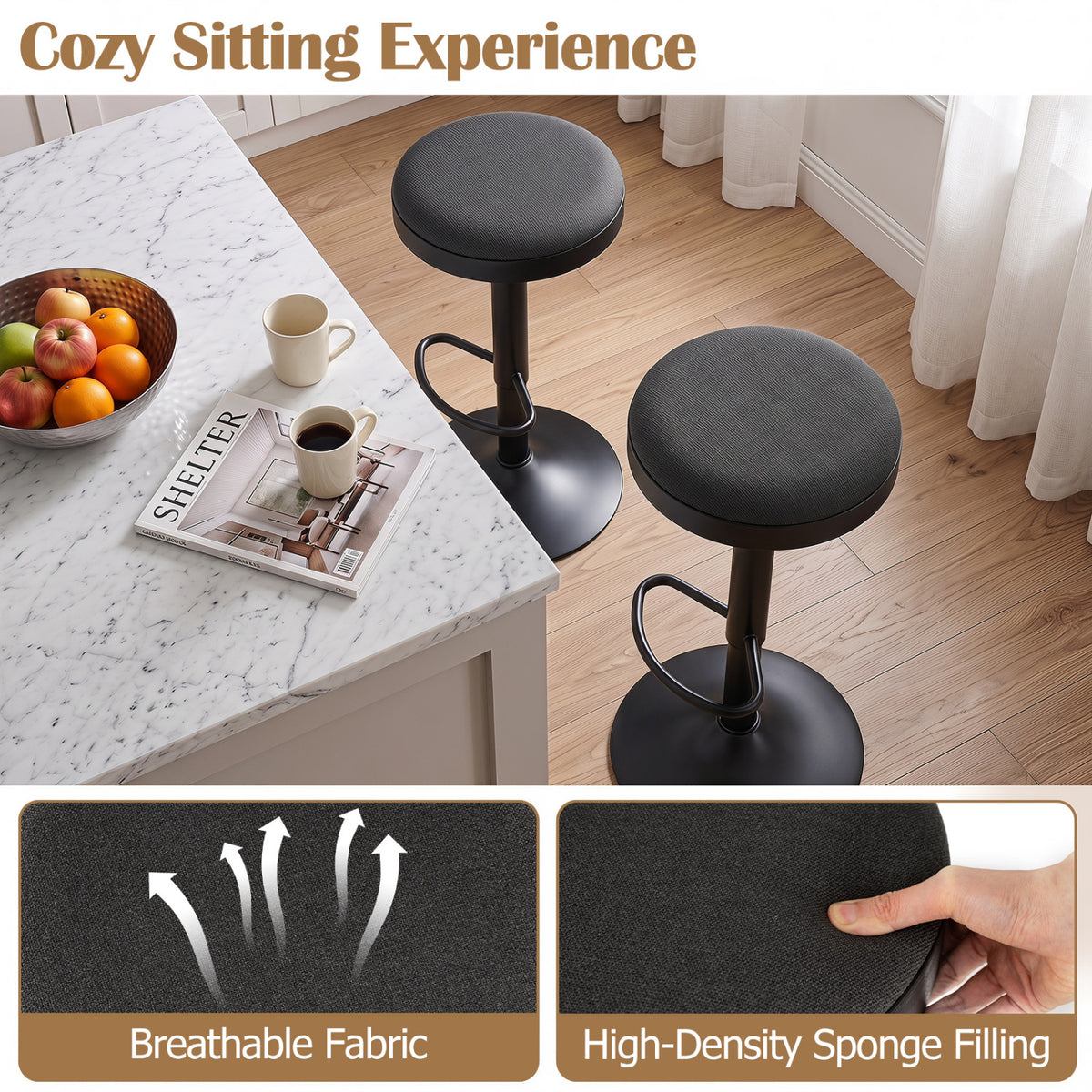 Set of 2 Kitchen Bar Stools with Height Adjustment Padded Seat and D-Shaped Footrest-Black view 6
