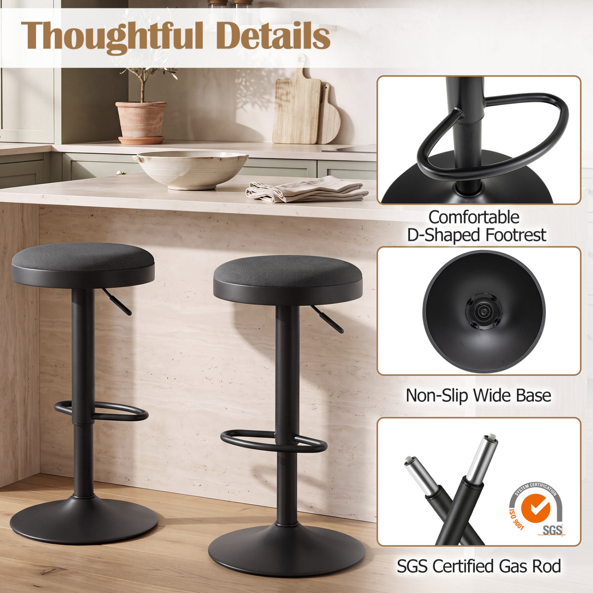 Set of 2 Kitchen Bar Stools with Height Adjustment Padded Seat and D-Shaped Footrest-Black view 8