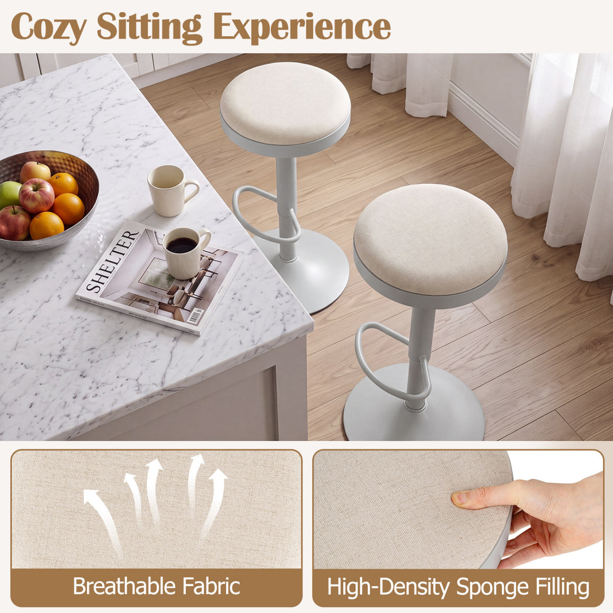 Set of 2 Kitchen Bar Stools with Height Adjustment Padded Seat and D-Shaped Footrest-Gray view 6