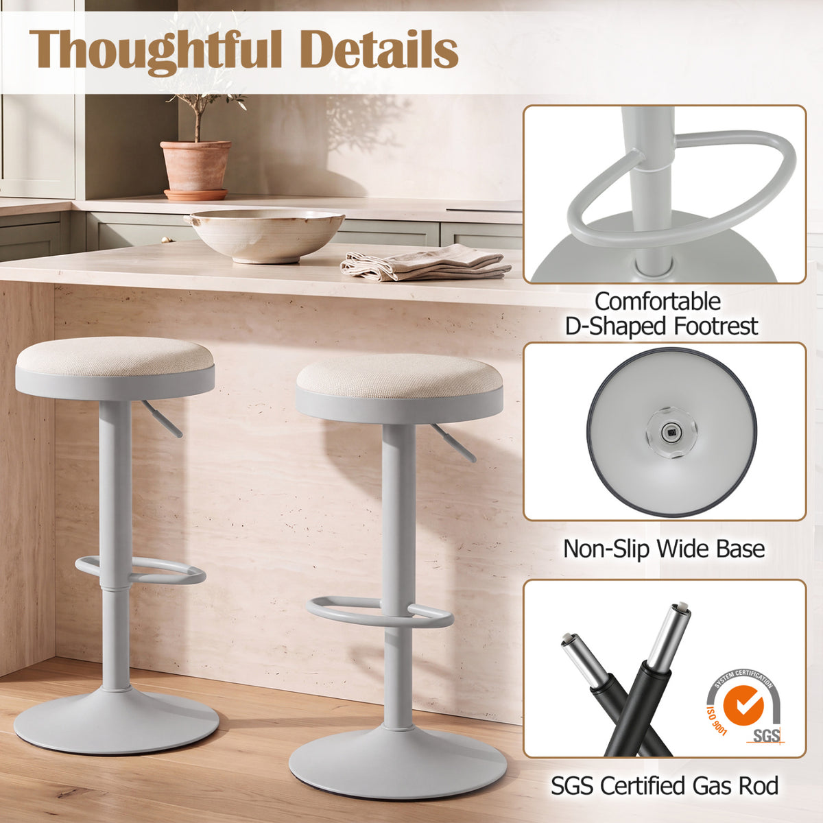 Set of 2 Kitchen Bar Stools with Height Adjustment Padded Seat and D-Shaped Footrest-Gray view 8
