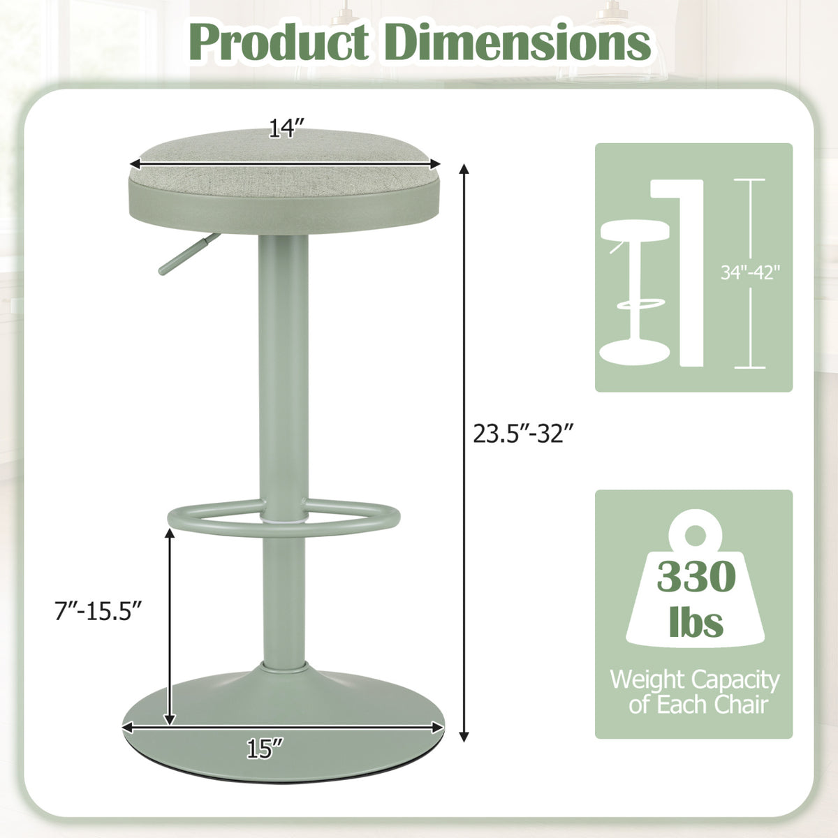 Set of 2 Kitchen Bar Stools with Height Adjustment Padded Seat and D-Shaped Footrest-Green view 3