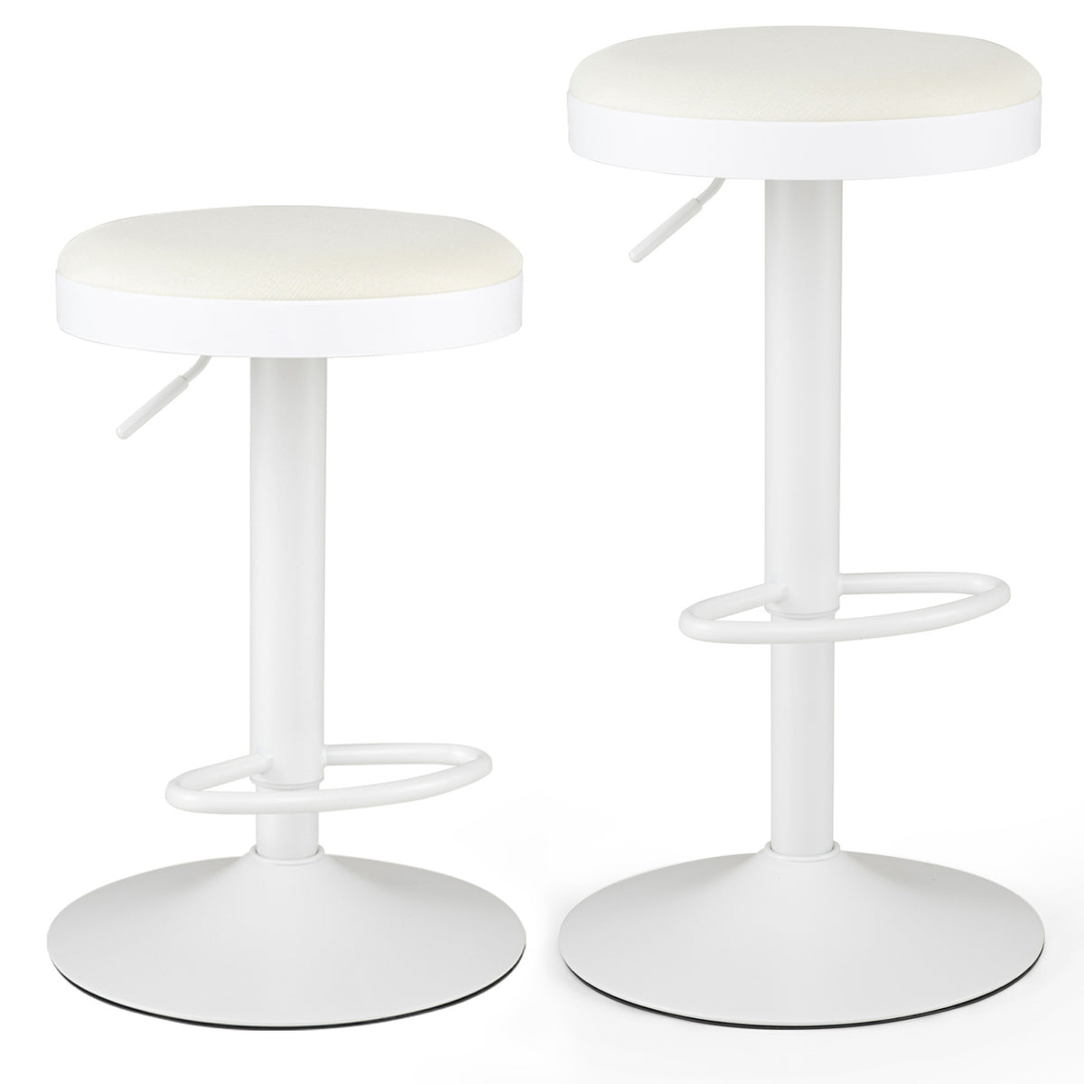 Set of 2 Kitchen Bar Stools with Height Adjustment Padded Seat and D-Shaped Footrest-White