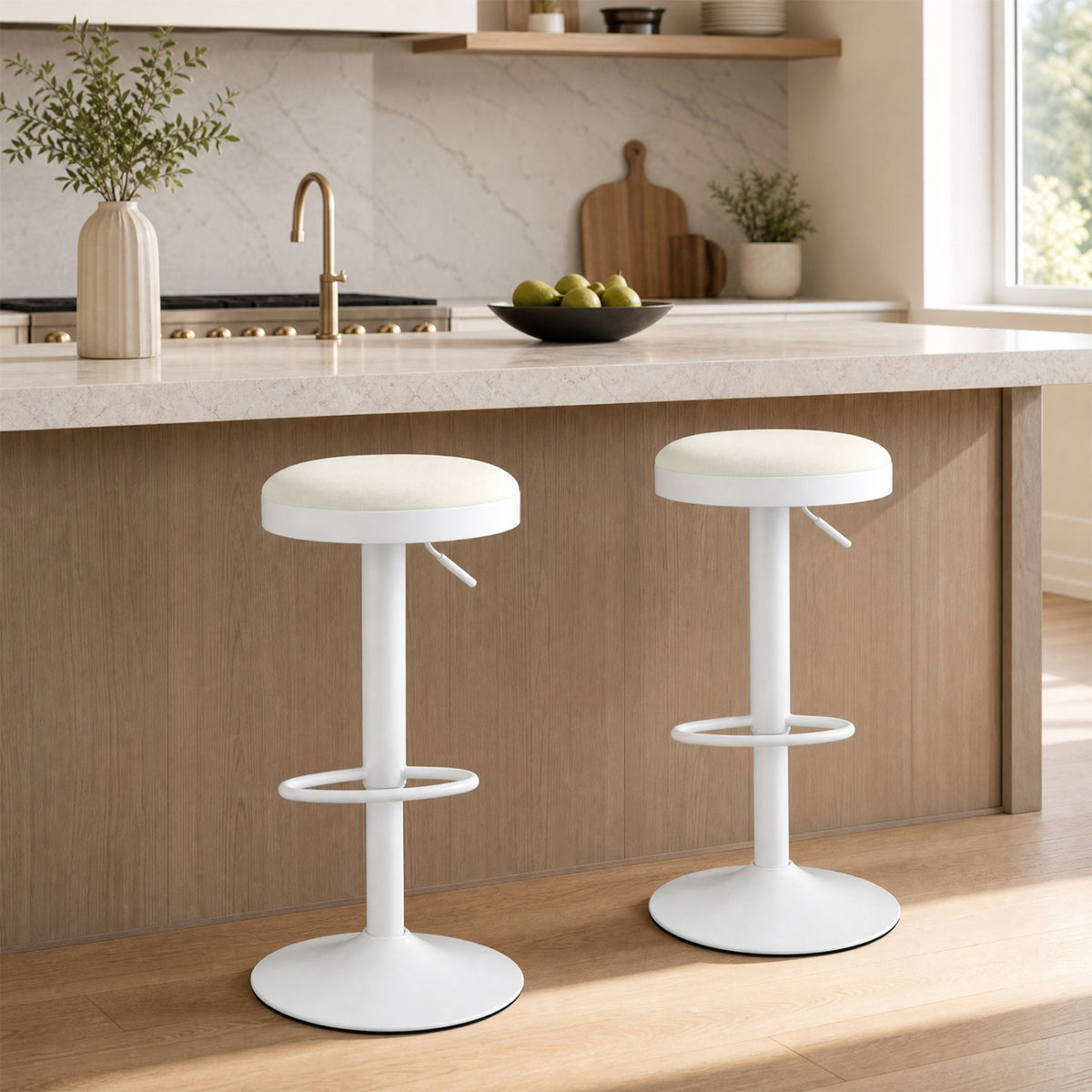 Set of 2 Kitchen Bar Stools with Height Adjustment Padded Seat and D-Shaped Footrest-White view 2