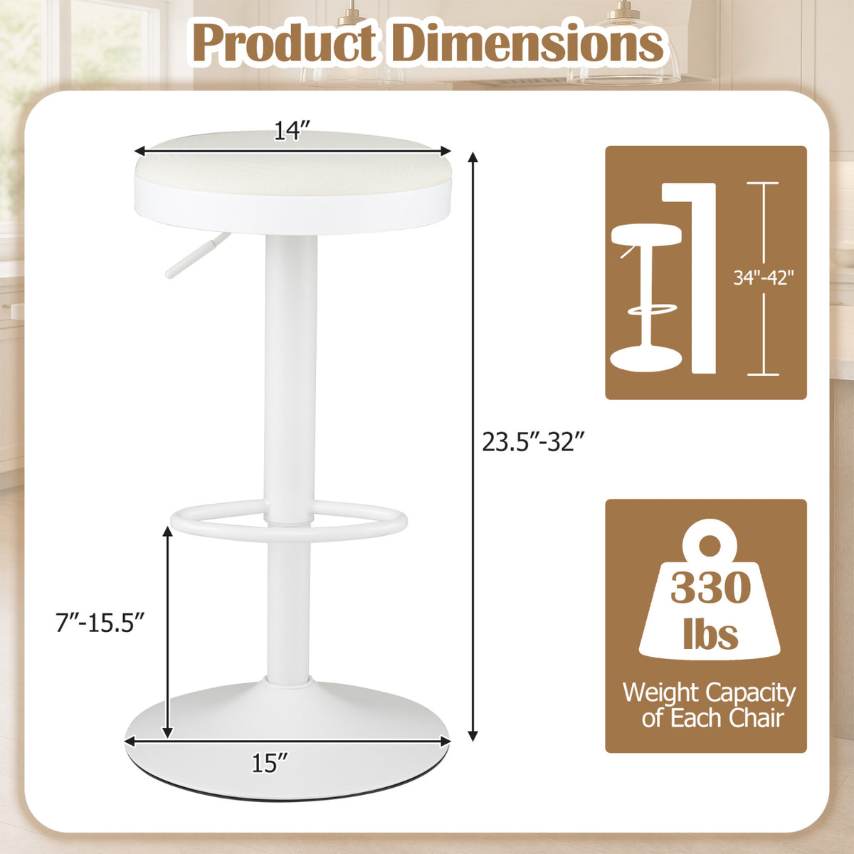 Set of 2 Kitchen Bar Stools with Height Adjustment Padded Seat and D-Shaped Footrest-White view 3