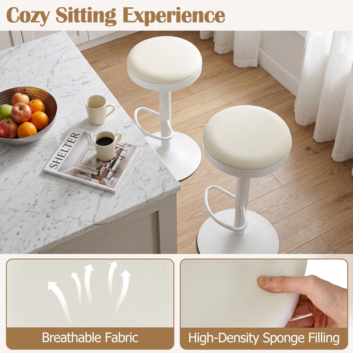 Set of 2 Kitchen Bar Stools with Height Adjustment Padded Seat and D-Shaped Footrest-White view 6
