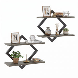 Set of 2 Metal Floating Shelves for Wall with Geometric Frame-Gray Oak