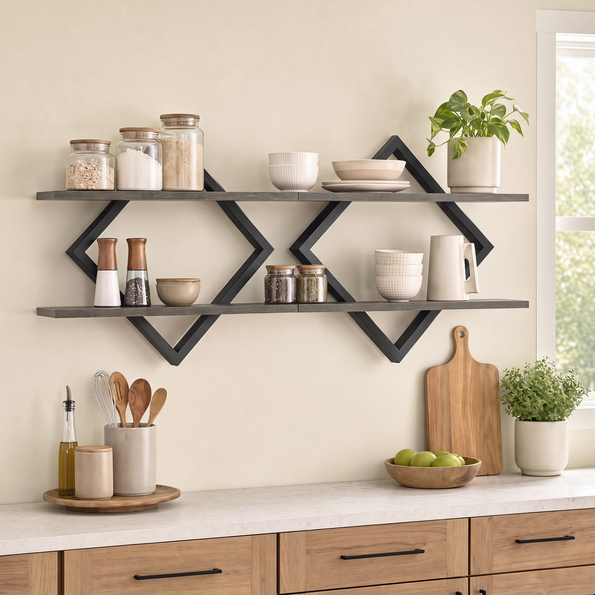 Set of 2 Metal Floating Shelves for Wall with Geometric Frame-Gray Oak view 2