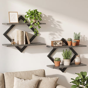 Set of 2 Metal Floating Shelves for Wall with Geometric Frame-Gray Oak view 3