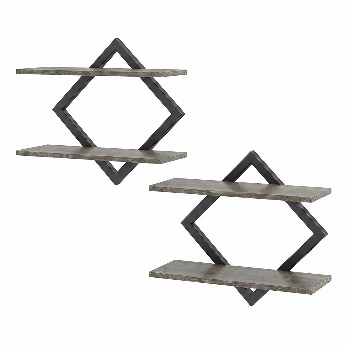 Set of 2 Metal Floating Shelves for Wall with Geometric Frame-Gray Oak view 4