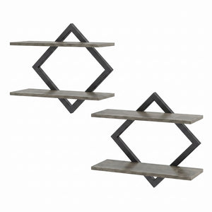 Set of 2 Metal Floating Shelves for Wall with Geometric Frame-Gray Oak view 4