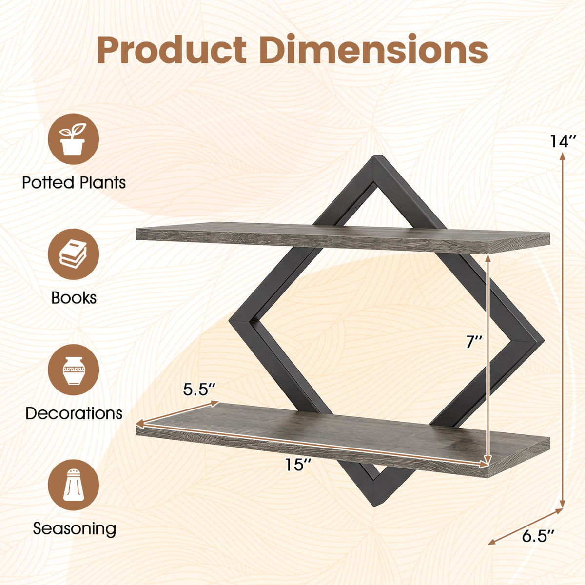 Set of 2 Metal Floating Shelves for Wall with Geometric Frame-Gray Oak view 5