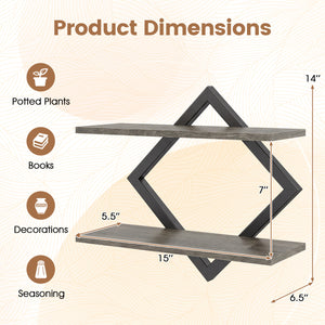 Set of 2 Metal Floating Shelves for Wall with Geometric Frame-Gray Oak view 5