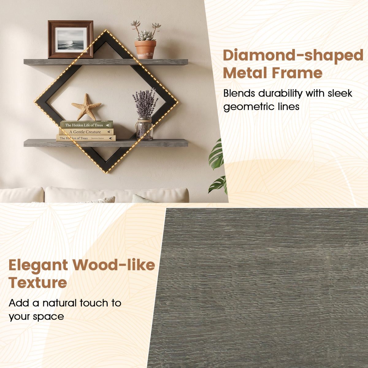Set of 2 Metal Floating Shelves for Wall with Geometric Frame-Gray Oak view 7