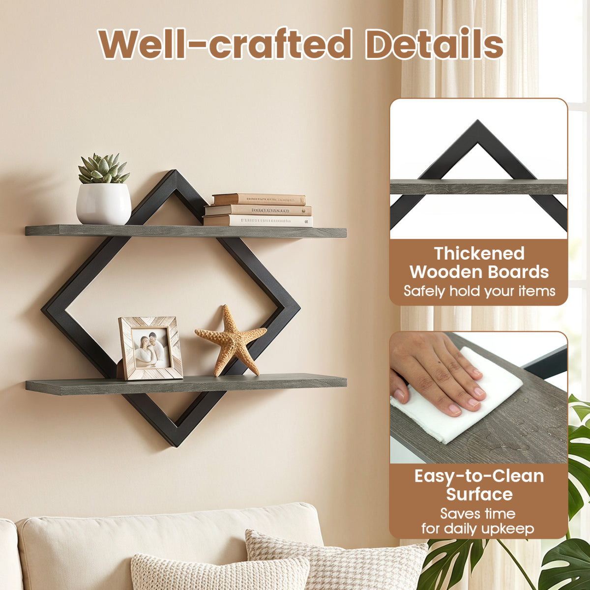 Set of 2 Metal Floating Shelves for Wall with Geometric Frame-Gray Oak view 8