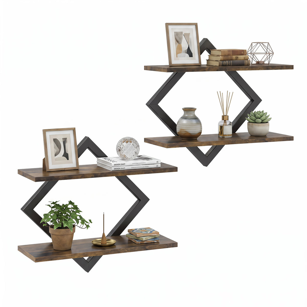 Set of 2 Metal Floating Shelves for Wall with Geometric Frame-Rustic Brown
