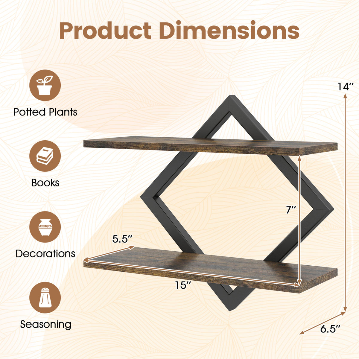 Set of 2 Metal Floating Shelves for Wall with Geometric Frame-Rustic Brown view 5