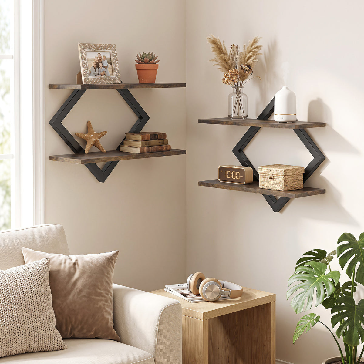Set of 2 Metal Floating Shelves for Wall with Geometric Frame-Rustic Brown view 6