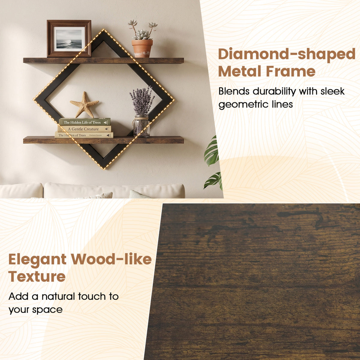Set of 2 Metal Floating Shelves for Wall with Geometric Frame-Rustic Brown view 7
