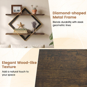 Set of 2 Metal Floating Shelves for Wall with Geometric Frame-Rustic Brown view 7
