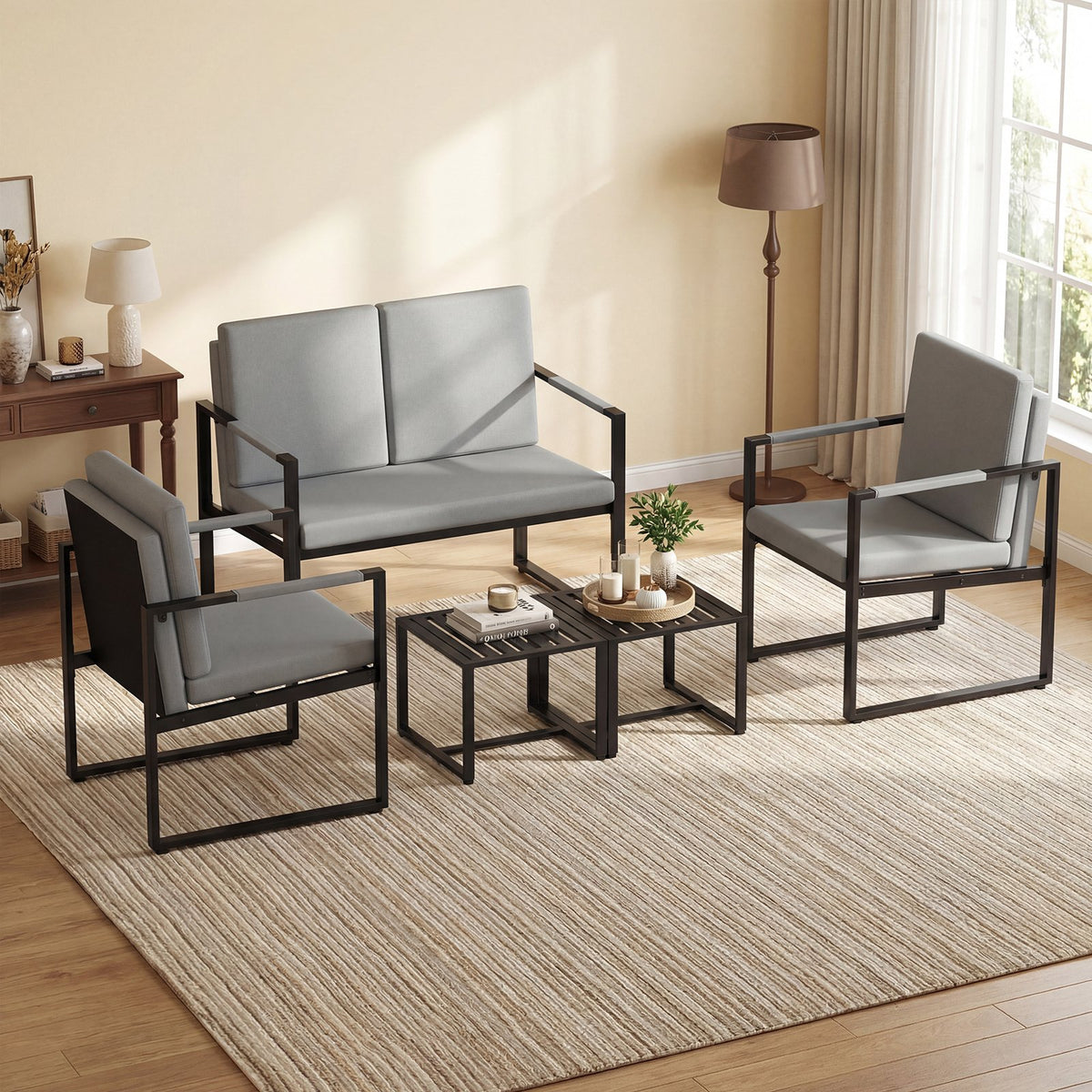 Set of 2 Mid Century Modern Single Sofa Chairs with Cushions-Gray view 3