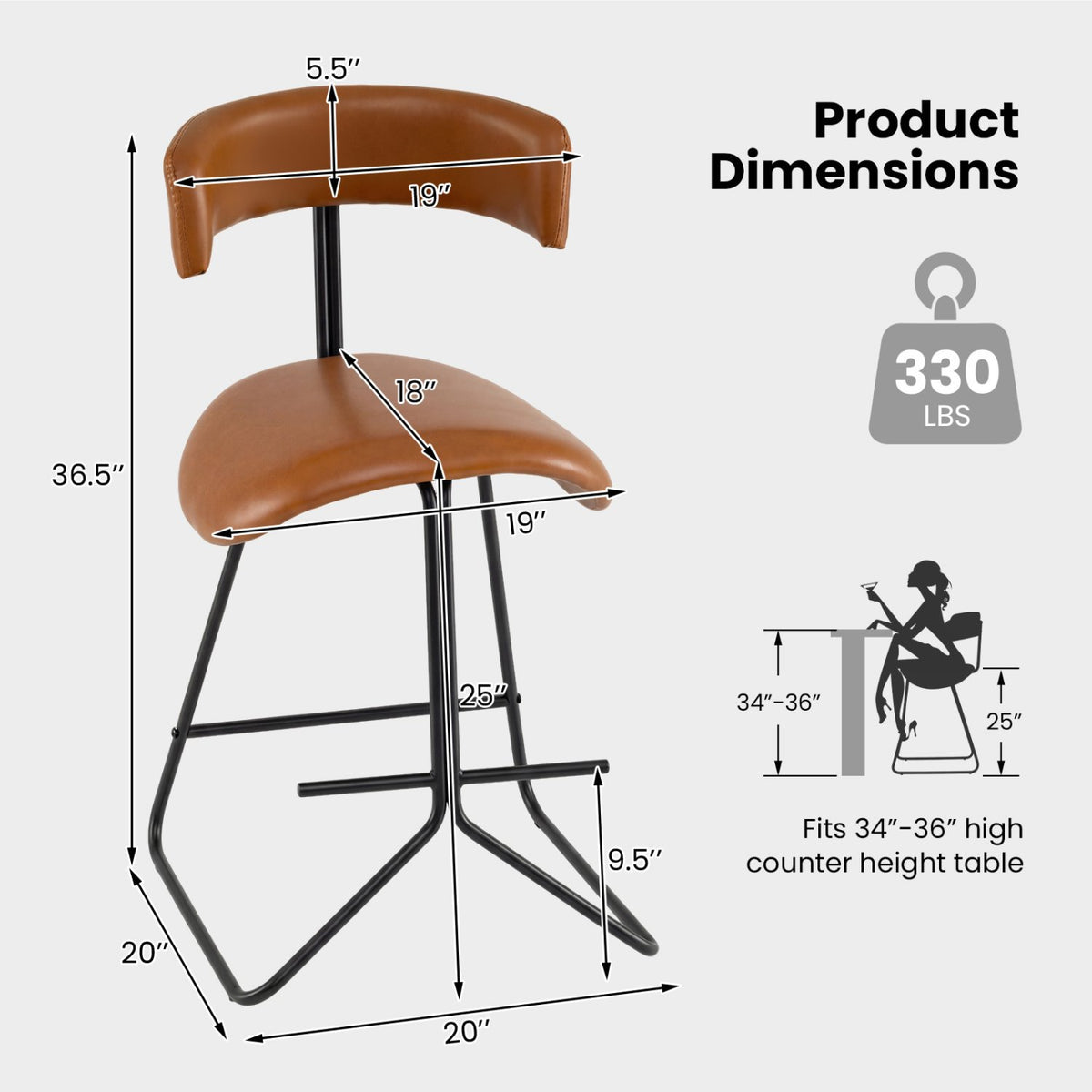 Set of 2 Modern Counter Height Stools 25 Inch Faux Leather Upholstered-Espresso view 4