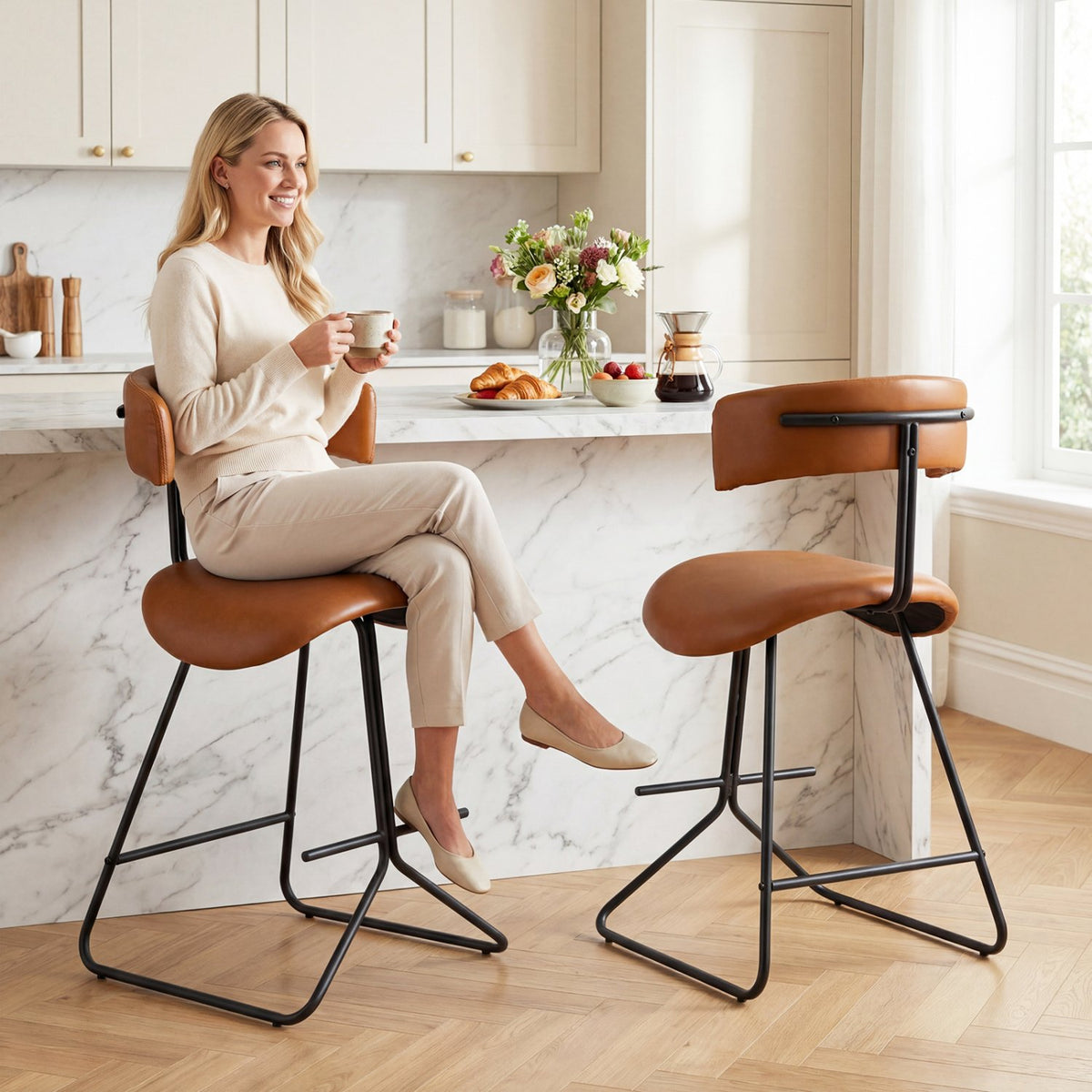 Set of 2 Modern Counter Height Stools 25 Inch Faux Leather Upholstered-Espresso view 6