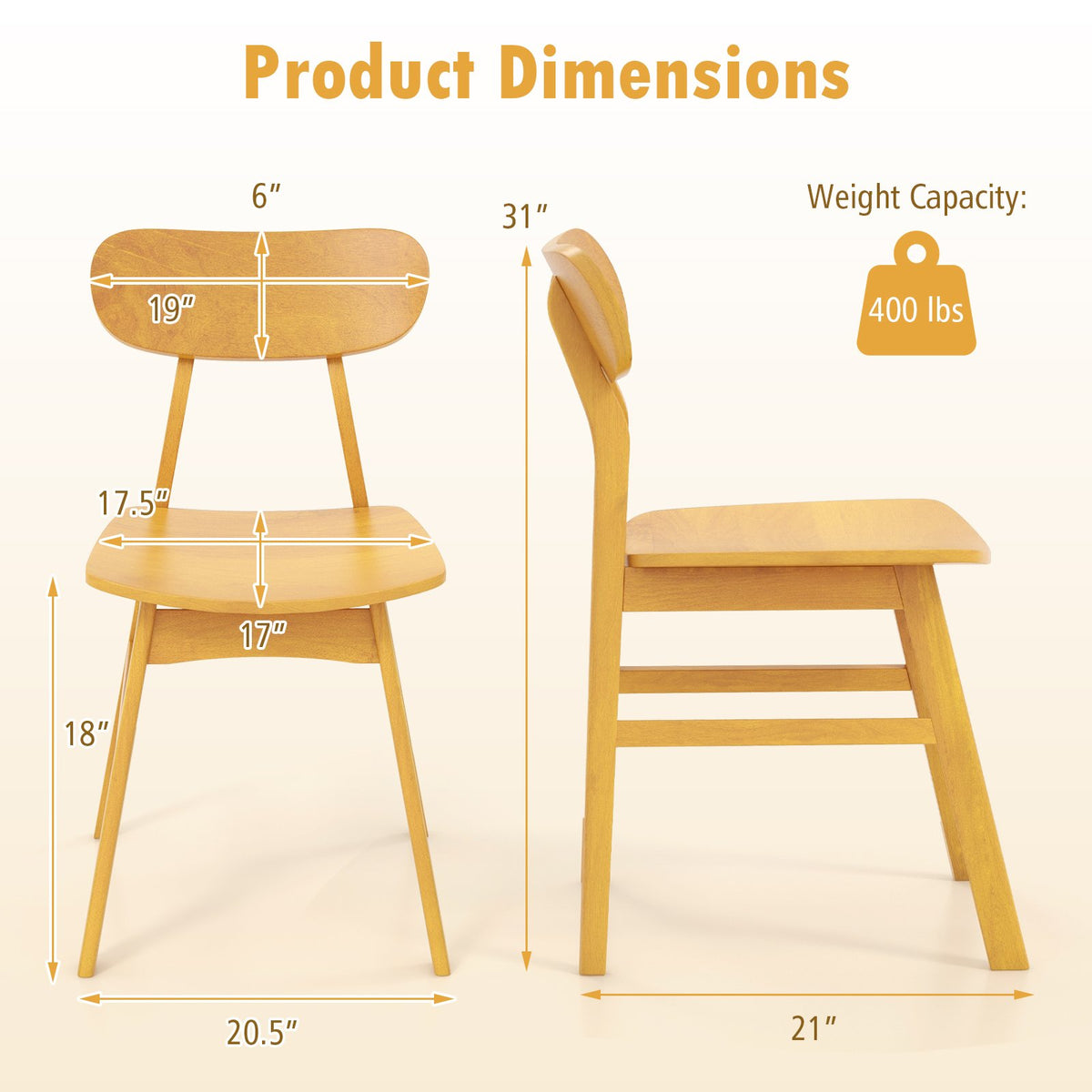 Set of 2 Modern Dining Chairs with Curved Backrest and Seat-Natural view 4