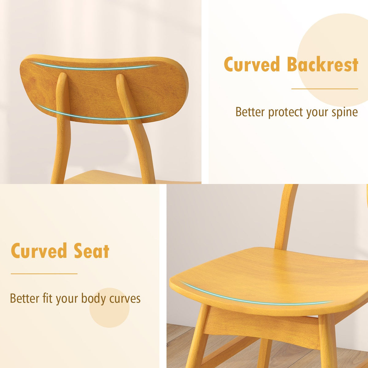 Set of 2 Modern Dining Chairs with Curved Backrest and Seat-Natural view 7