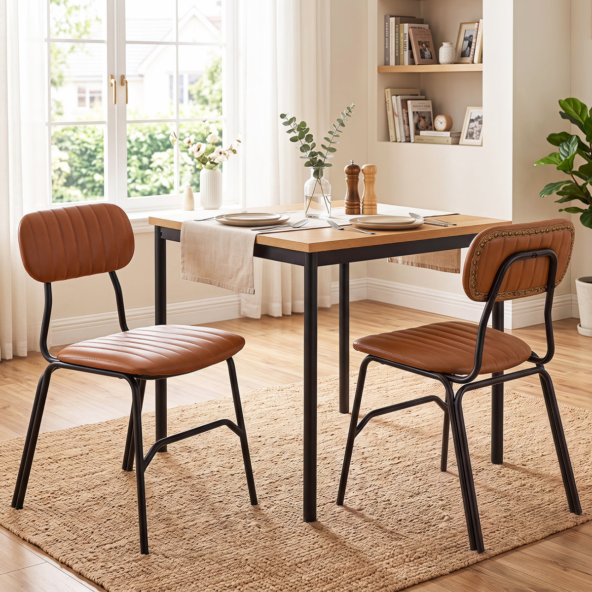 Set of 2 Modern Dining Chairs with Ergonomic Back Metal Legs Exquisite Rivet and Embellished Edges-Brown view 2