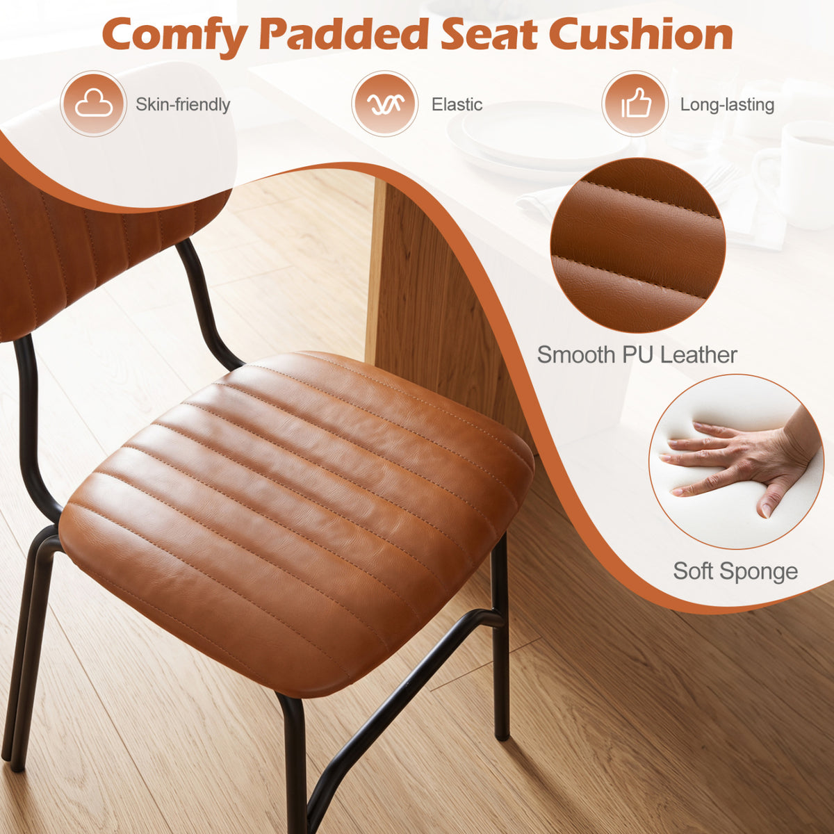 Set of 2 Modern Dining Chairs with Ergonomic Back Metal Legs Exquisite Rivet and Embellished Edges-Brown view 5