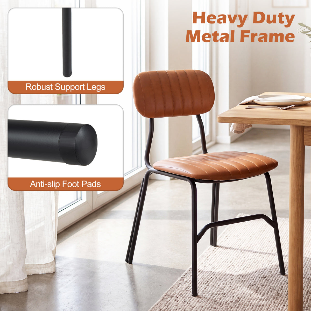 Set of 2 Modern Dining Chairs with Ergonomic Back Metal Legs Exquisite Rivet and Embellished Edges-Brown view 6