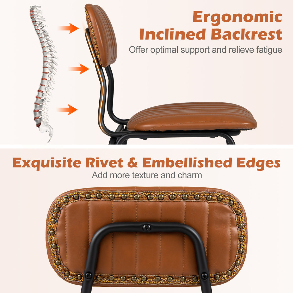 Set of 2 Modern Dining Chairs with Ergonomic Back Metal Legs Exquisite Rivet and Embellished Edges-Brown view 7