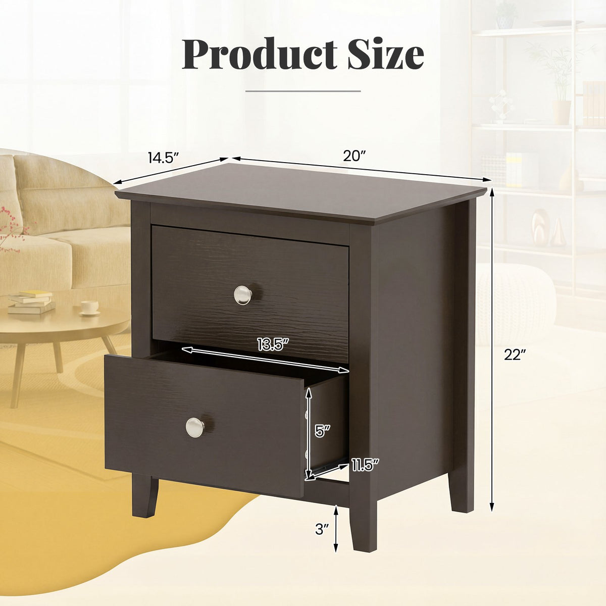 Set of 2 Modern Nightstand with 2 Drawers for Small Spaces-Rustic Brown view 5